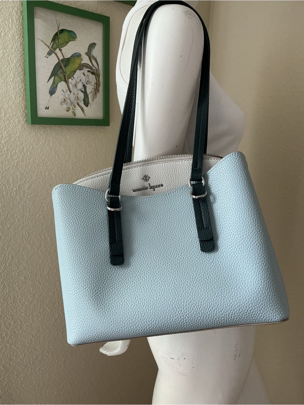 Nanette Lepore Light Blue and Black Pebbled Leather Shoulder Bag